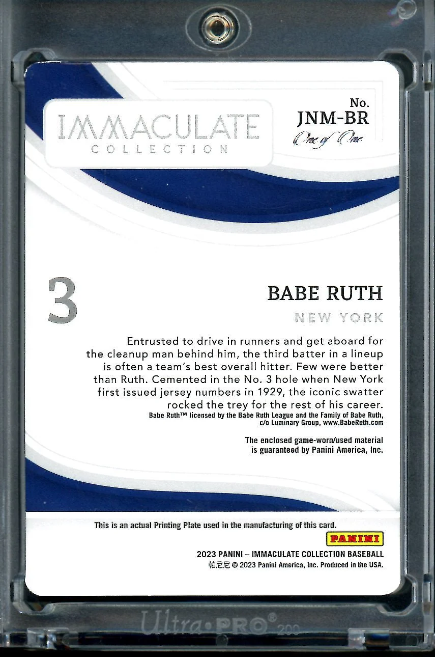 2023 Panini Immaculate Babe Ruth Printing Plate Game Worn Patch 1/1 Yankees - Image 2