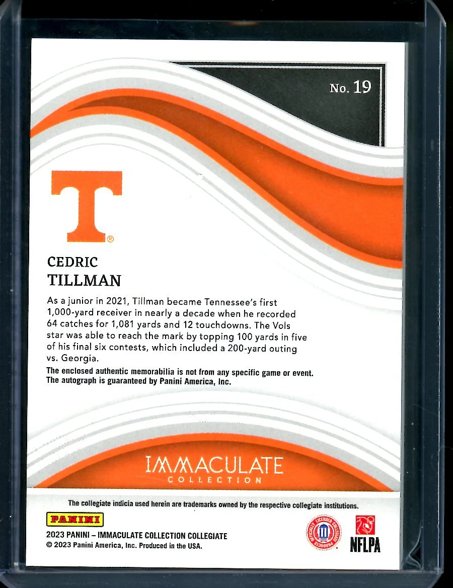 2023 Panini Immaculate Collegiate Cedric Tillman Rookie RPA /65 Tennessee - Image 2