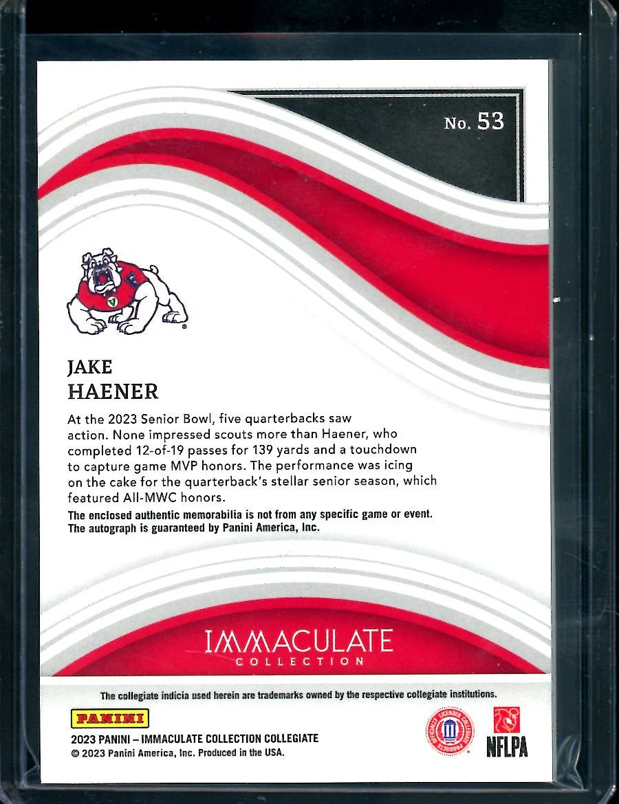 2023 Panini Immaculate Collegiate Jake Haener Rookie RPA Red /65 Fresno State - Image 2