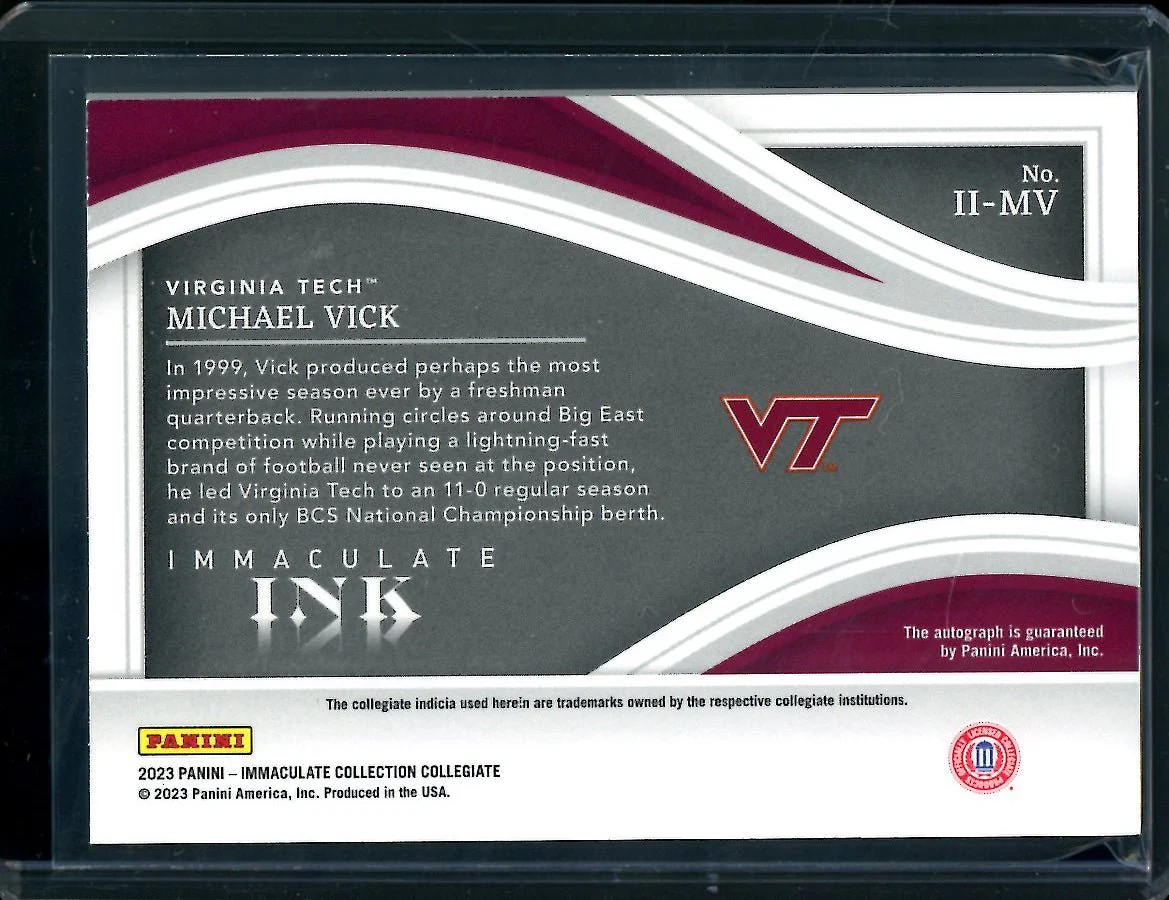 2023 Panini Immaculate Collegiate Michael Vick Immaculate Ink Auto /25 Virginia Tech - Image 2