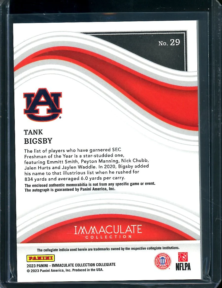 2023 Panini Immaculate Collegiate Tank Bigsby Rookie RPA Gold /10 Auburn - Image 2