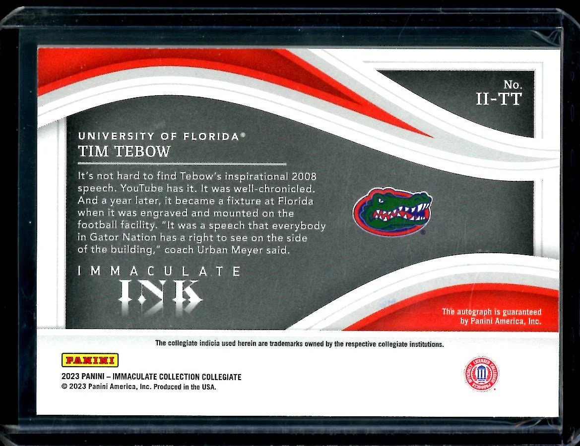 2023 Panini Immaculate Collegiate Tim Tebow Immaculate Ink Auto Gold /10 Florida - Image 2