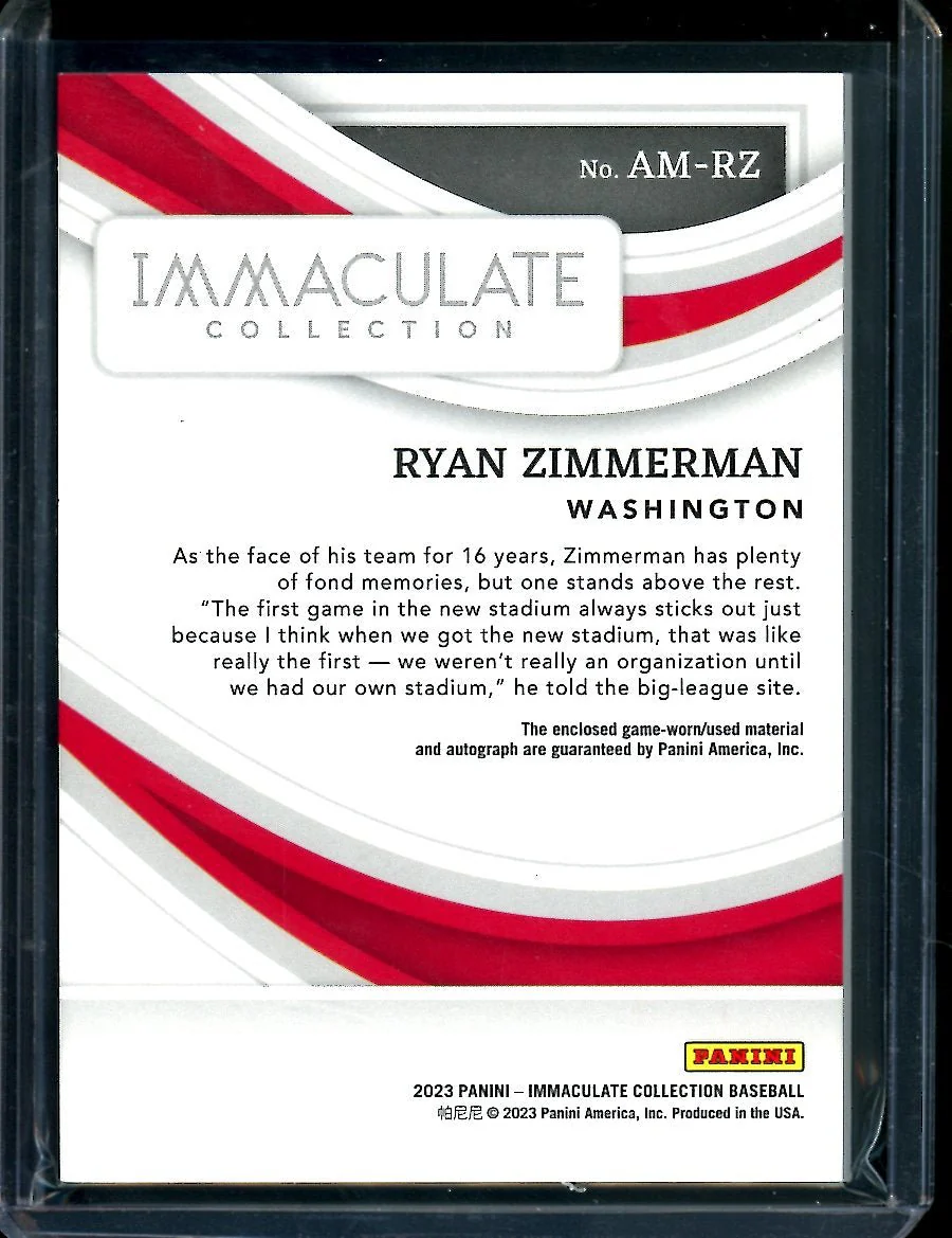 2023 Panini Immaculate Ryan Zimmerman Patch Auto Red /25 Nationals - Image 2