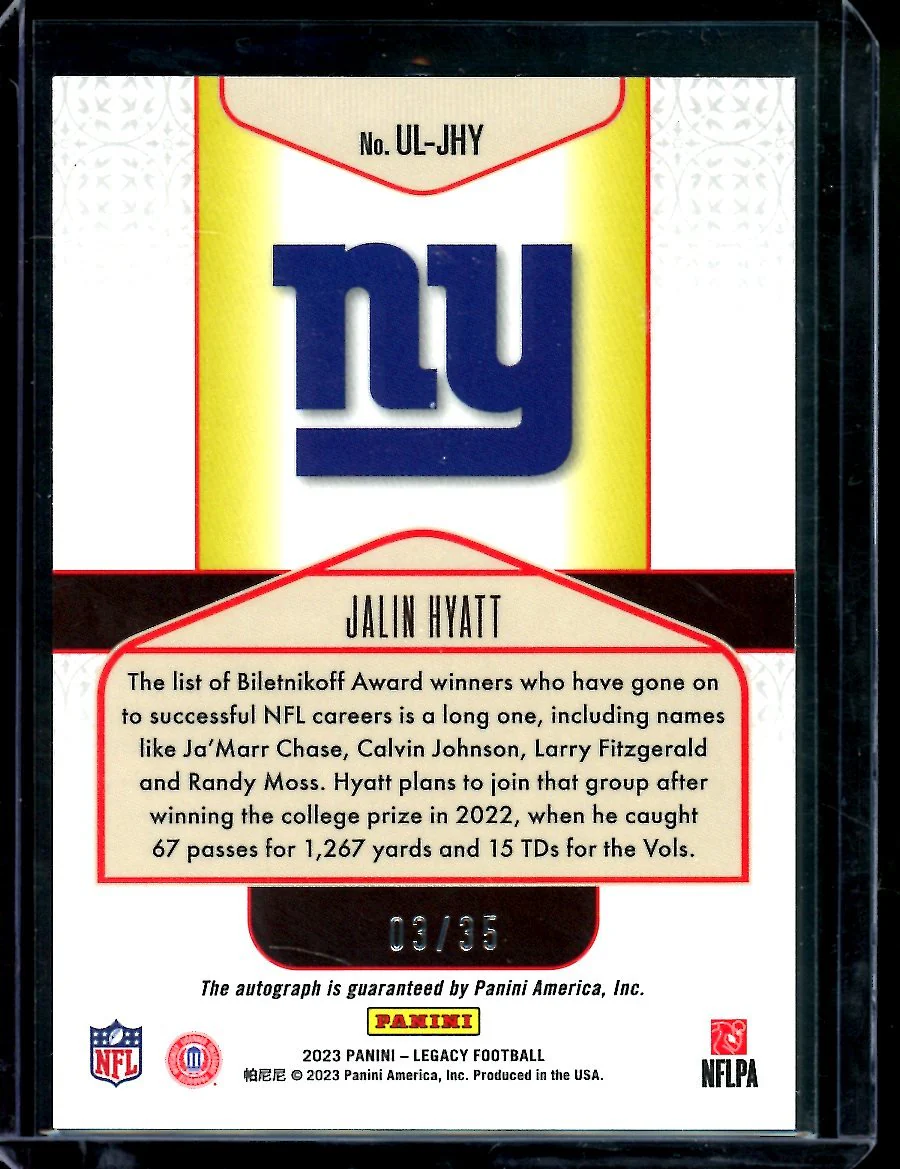 2023 Panini Legacy Jalin Hyatt Rookie Under the Lights Auto /35 Giants - Image 2