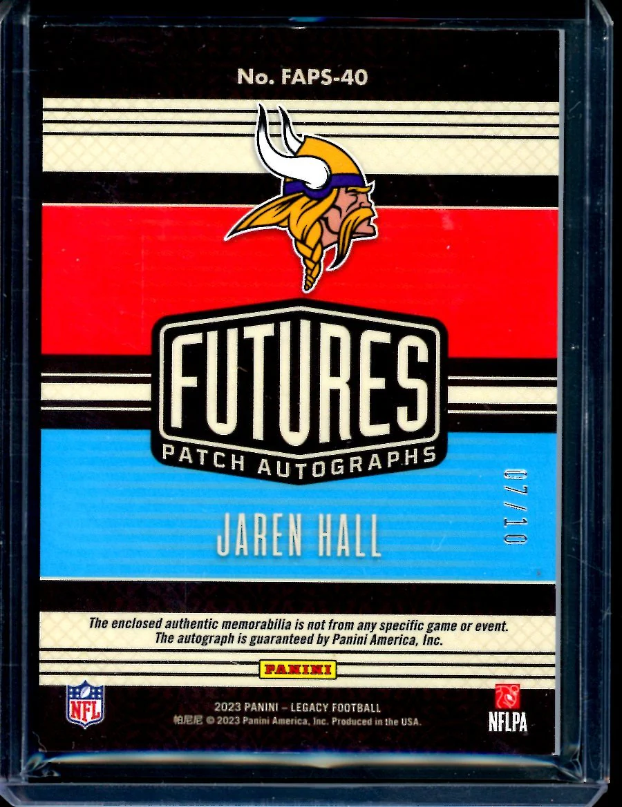 2023 Panini Legacy Jaren Hall Rookie RPA Gold /10 Vikings - Image 2