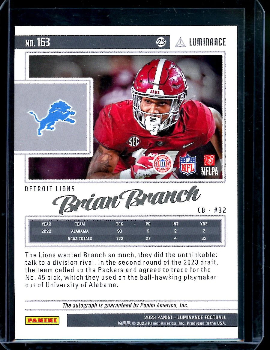 2023 Panini Luminance Brian Branch Rookie Auto /50 Lions - Image 2