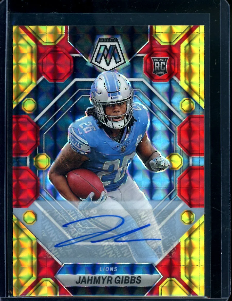 2023 Panini Mosaic Choice Jahmyr Gibbs Rookie Red & Yellow Auto Lions