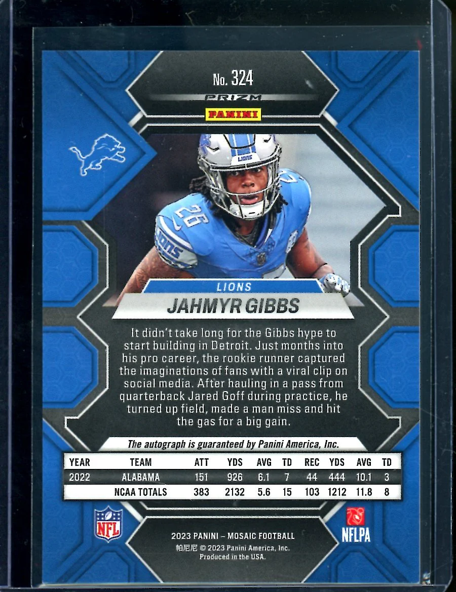 2023 Panini Mosaic Choice Jahmyr Gibbs Rookie Red & Yellow Auto Lions - Image 2