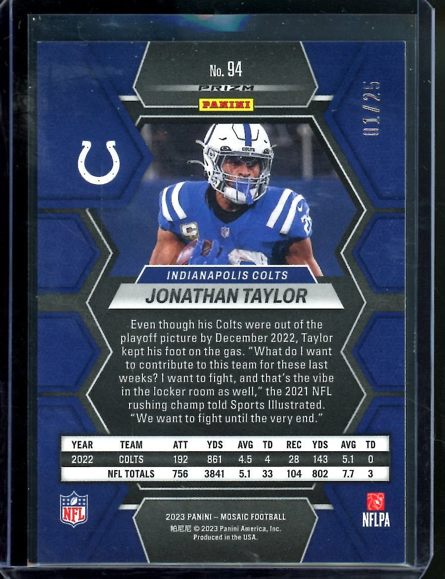 2023 Panini Mosaic Jonathan Taylor Orange Flouressant /25 Colts - Image 2