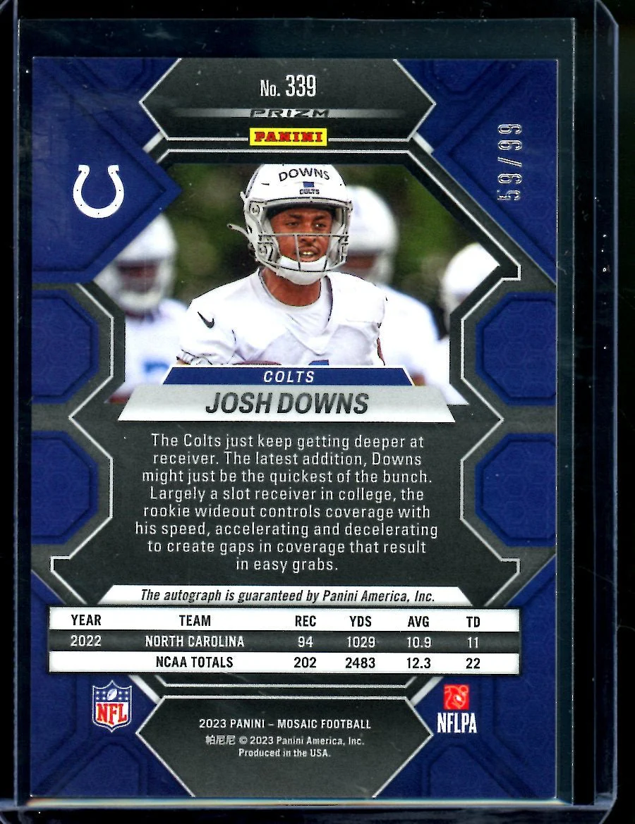 2023 Panini Mosaic Josh Downs Rookie Auto Blue /99 Colts - Image 2