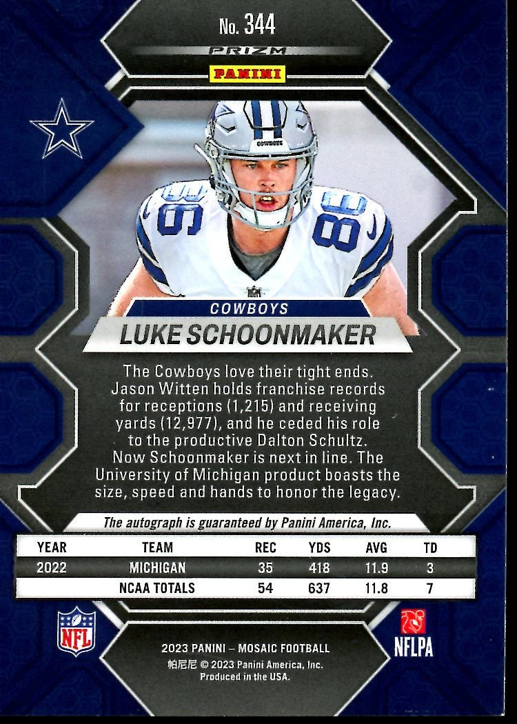 2023 Panini Mosaic Luke Schoonmaker Rookie Auto Cowboys - Image 2