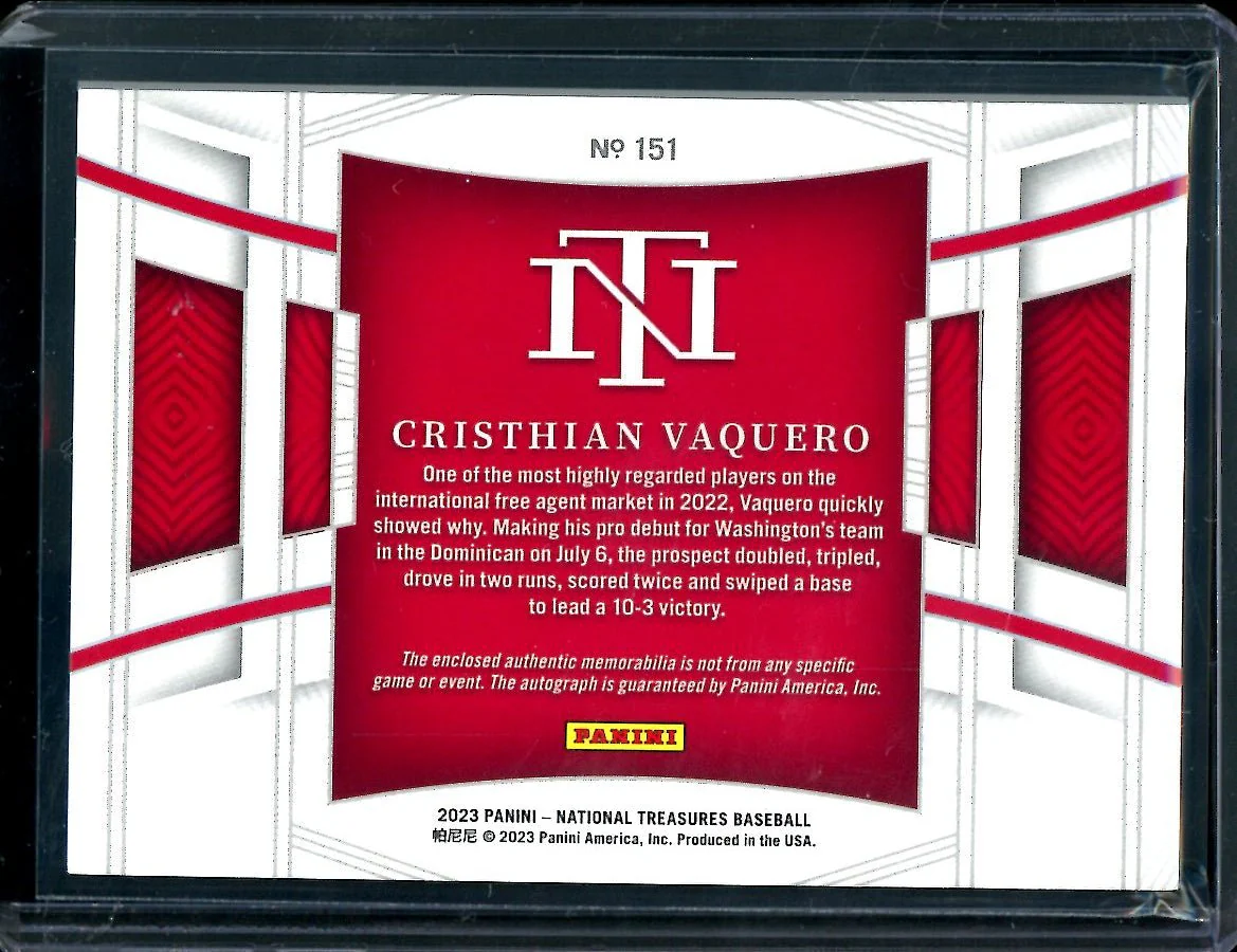 2023 Panini National Treasures Christian Vaquero Patch Auto Gold /25 Nationals - Image 2