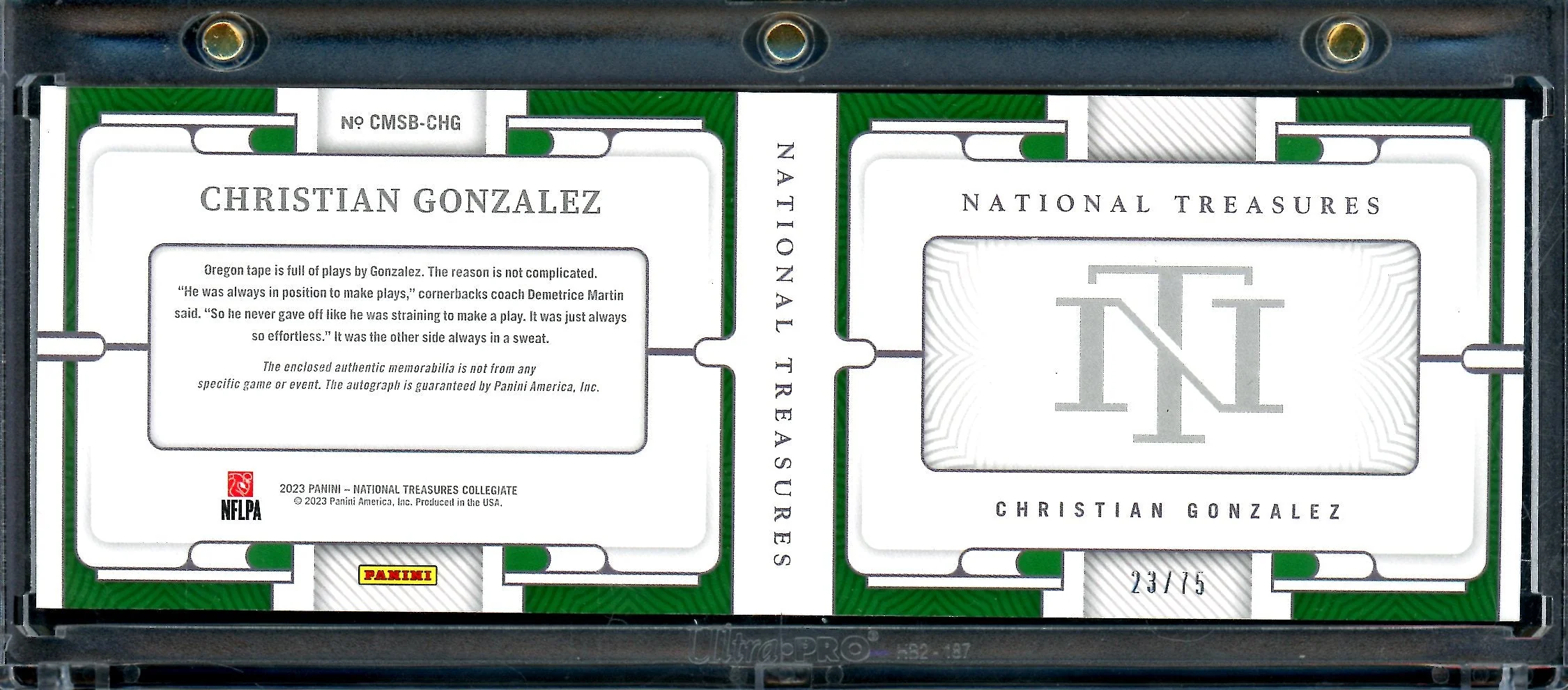 2023 Panini National Treasures Collegiate Christian Gonzalez Rookie Booklet Patch Auto /75 Oregon - Image 2