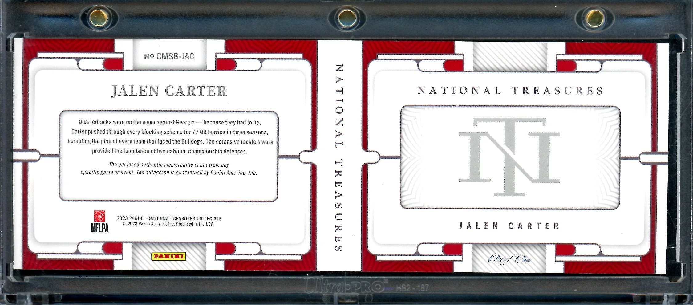 2023 Panini National Treasures Collegiate Jalen Carter Rookie Booklet Patch Auto 1/1 Georgia - Image 2