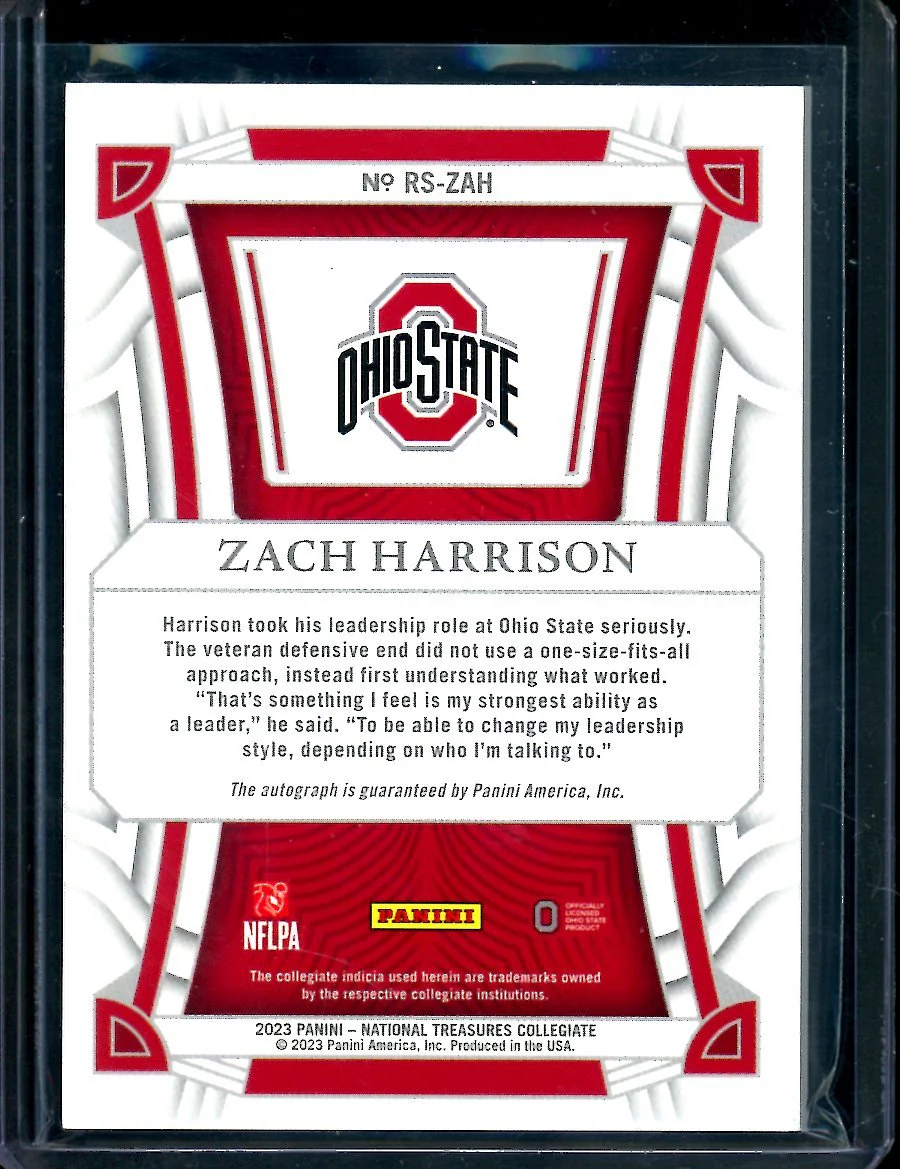 2023 Panini National Treasures Collegiate Zach Harrison Rookie Auto Green /5 Ohio State - Image 2