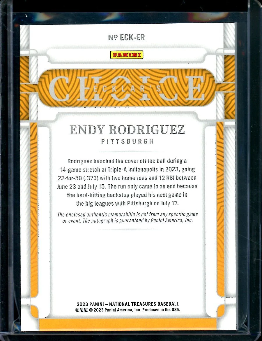2023 Panini National Treasures Endy Rodriguez Ecklar's Choice Patch Auto /49 Pirates - Image 2