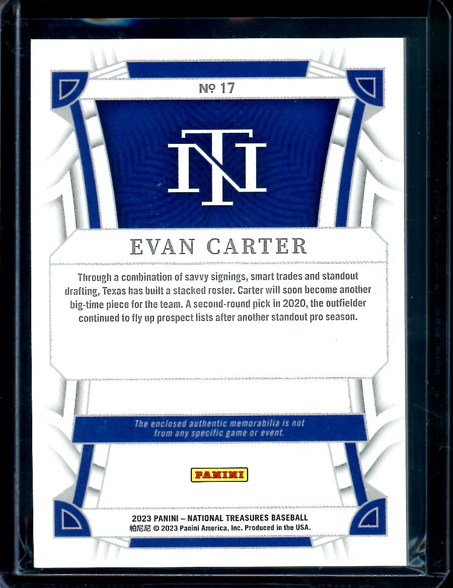 2023 Panini National Treasures Evan Carter Patch /49 Rangers - Image 2