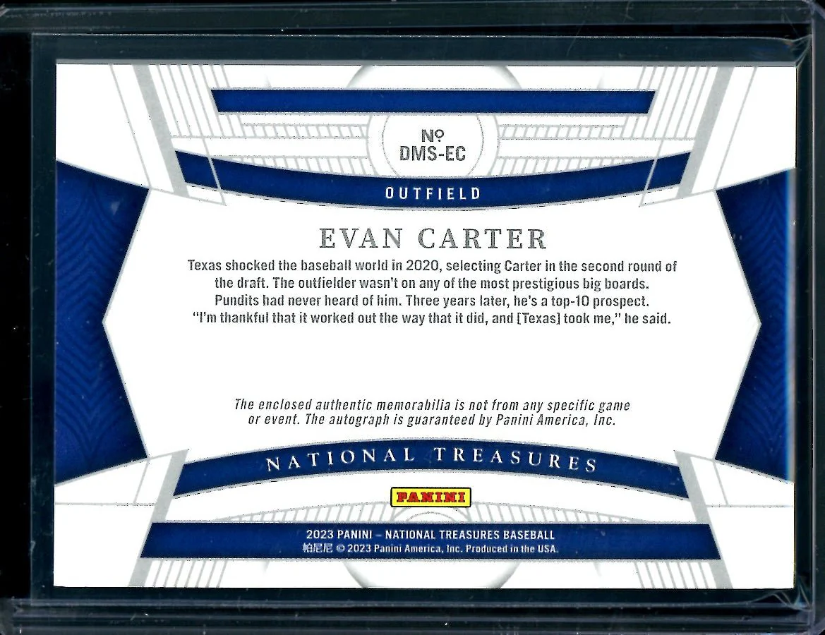2023 Panini National Treasures Evan Carter Texas Patch Auto /99 Rangers - Image 2