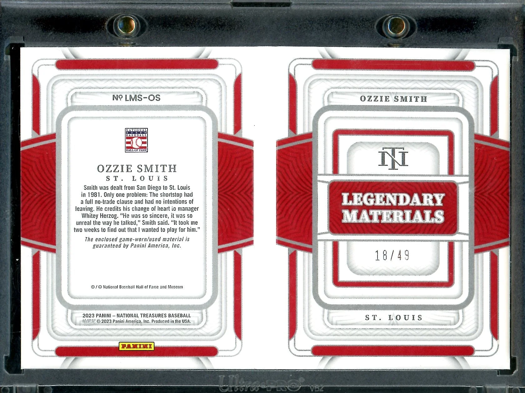 2023 Panini National Treasures Ozzie Smith Legendary Materials Booklet /49 Cardinals - Image 2