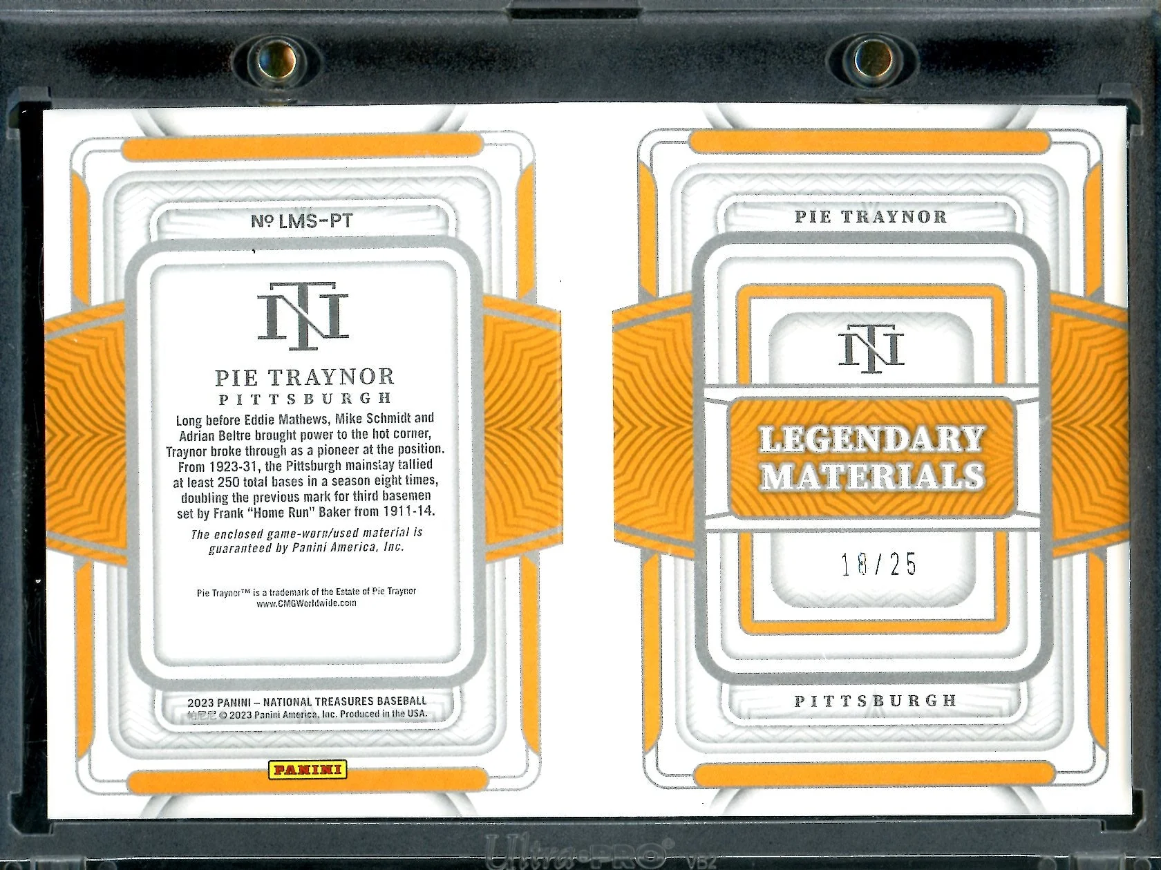 2023 Panini National Treasures Pie Traynor Legendary Materials Booklet /25 Pirates - Image 2
