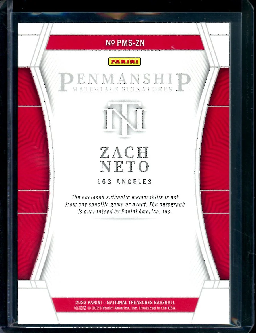 2023 Panini National Treasures Zach Neto Penmanship Patch Auto /99 Angels - Image 2