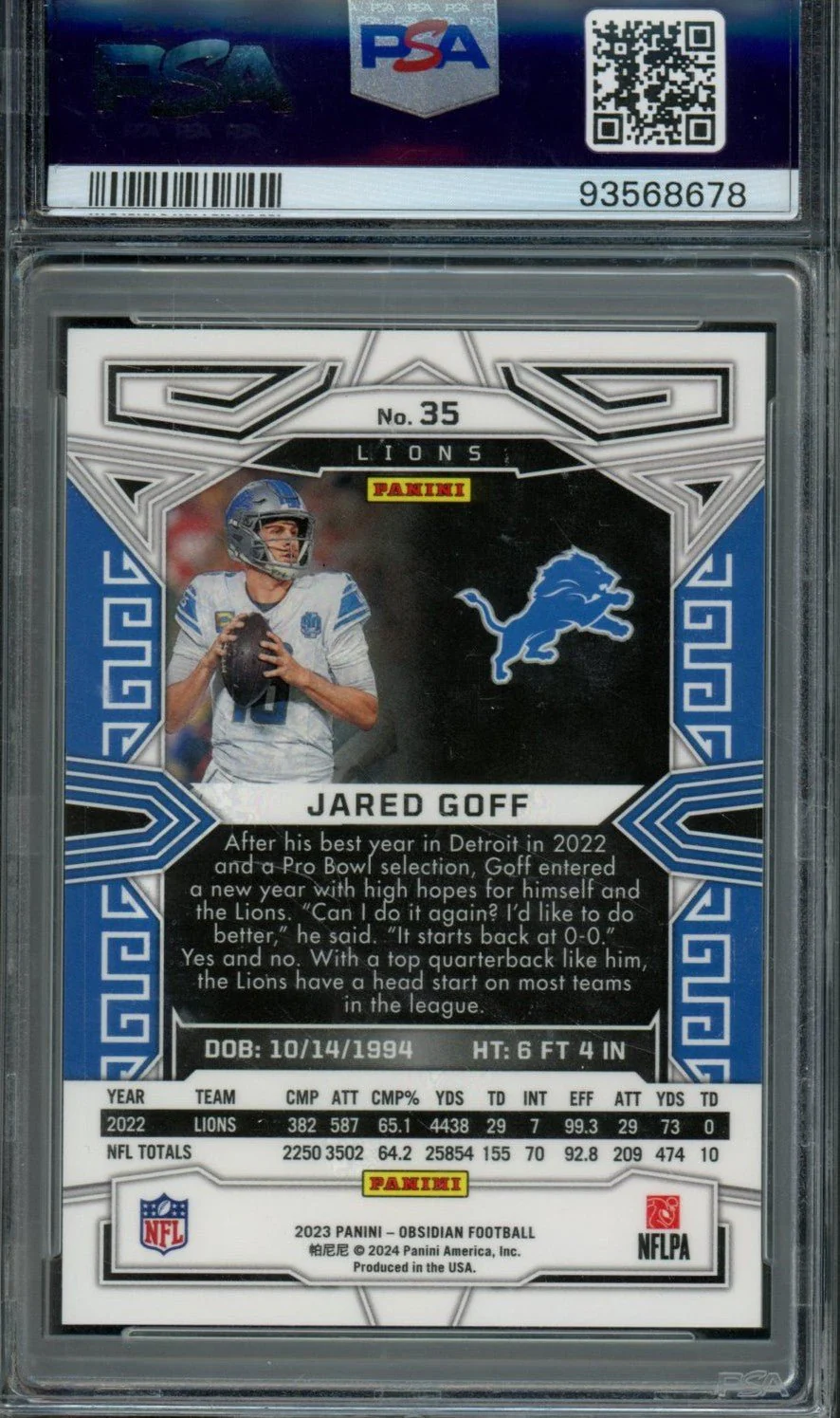 2023 Panini Obsidian Jared Goff Electric Etch Contra PSA 10 Lions - Image 2