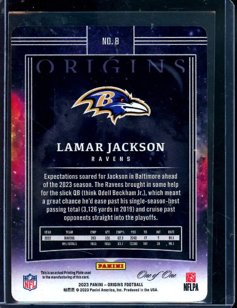 2023 Panini Origins Lamar Jackson Printing Plate 1/1 Ravens - Image 2
