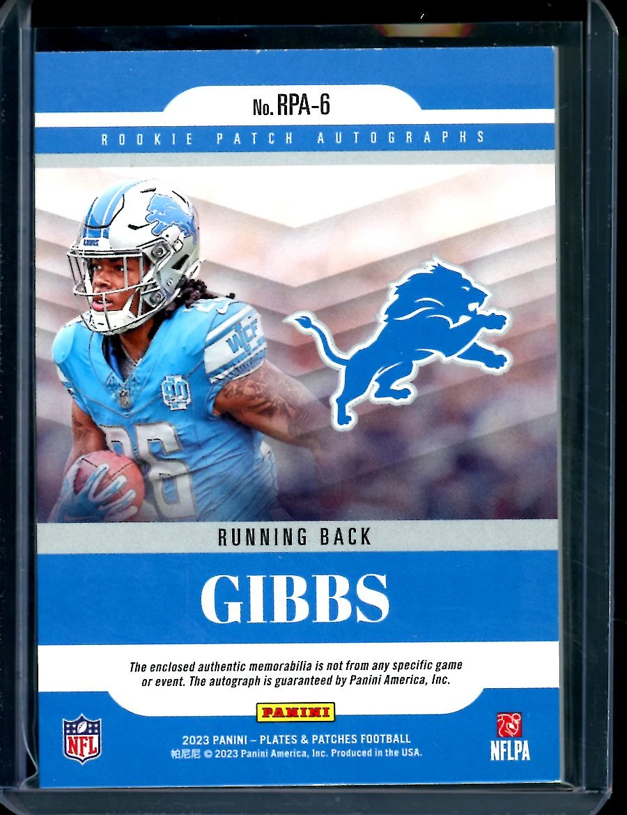 2023 Panini Plates & Patches Jahmyr Gibbs Rookie RPA /75 Lions - Image 2