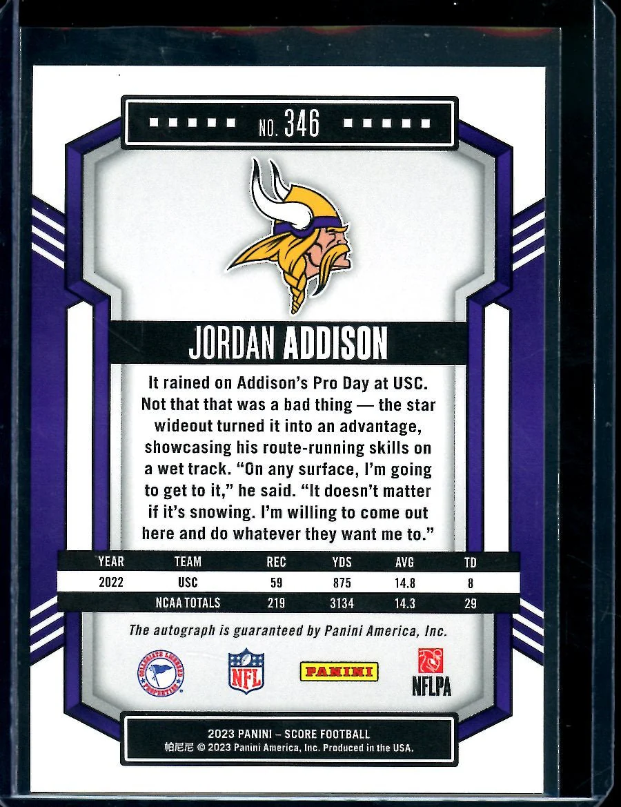 2023 Panini Score Jordan Addison Rookie Auto Gold /50 Vikings - Image 2