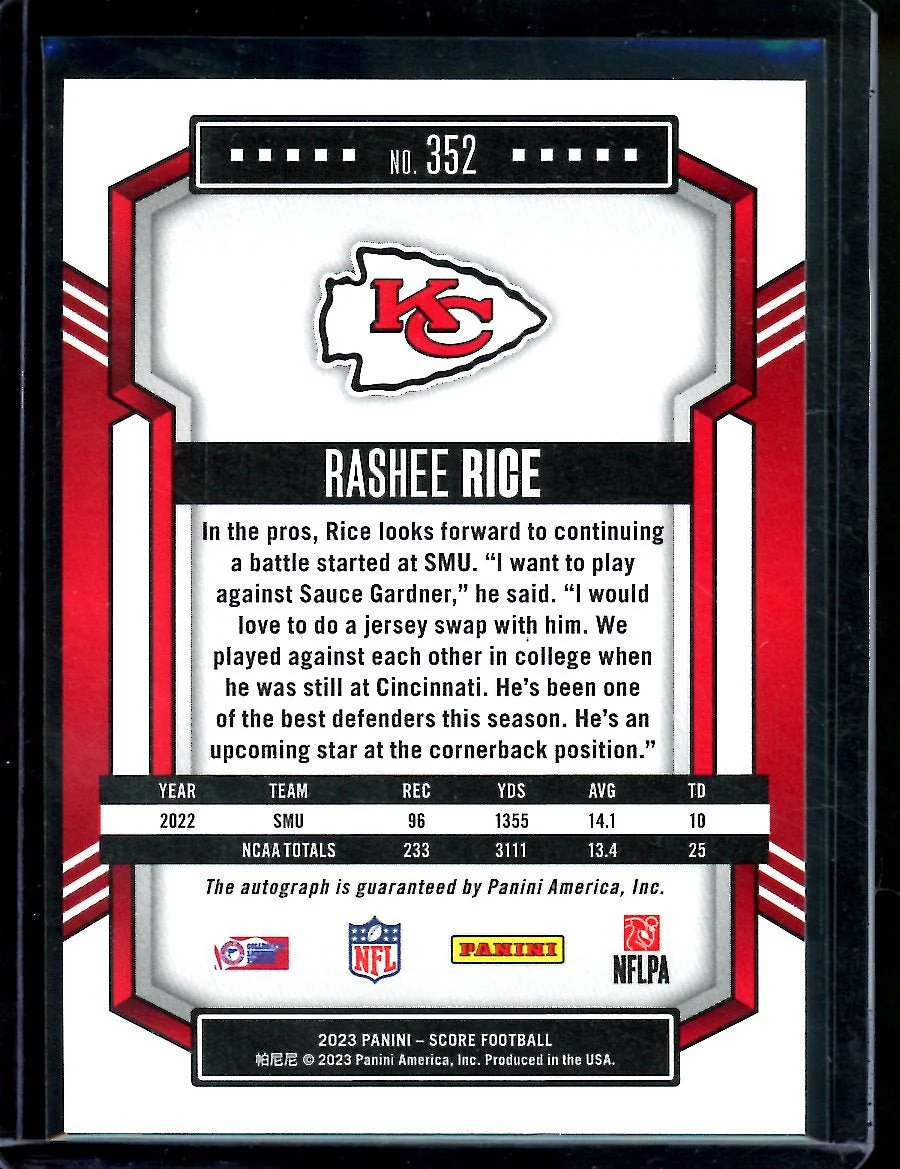 2023 Panini Score Rashee Rice Rookie Auto Chiefs - Image 2