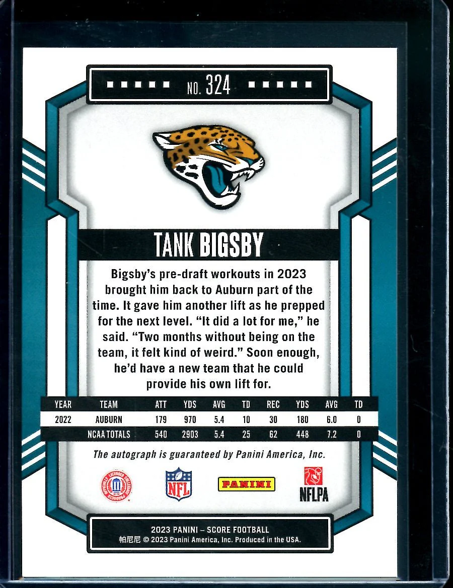 2023 Panini Score Tank Bigsby Rookie Auto Blue /35 Dolphins - Image 2