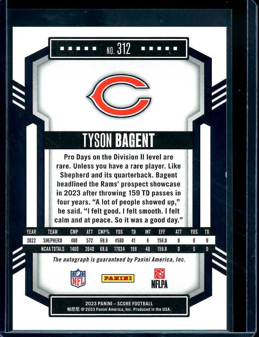 2023 Panini Score Tyson Bagent Rookie Auto Bears - Image 2