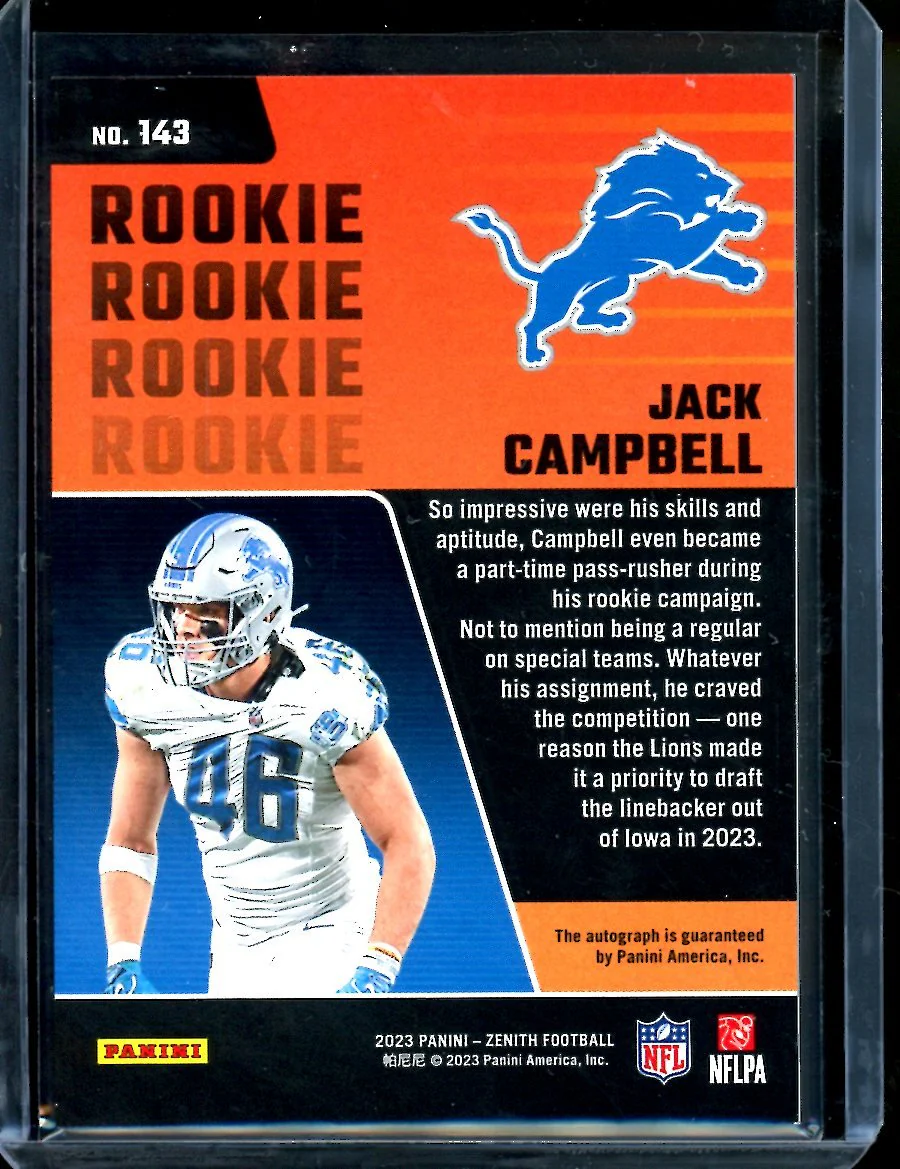 2023 Panini Zenith Jack Campbell Rookie Auto /299 Lions - Image 2