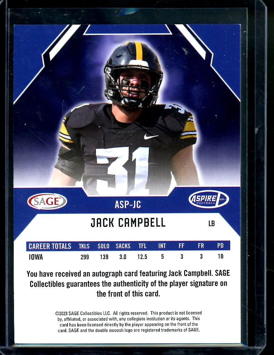 2023 Sage Jack Campbell Rookie Auto Red Iowa - Image 2