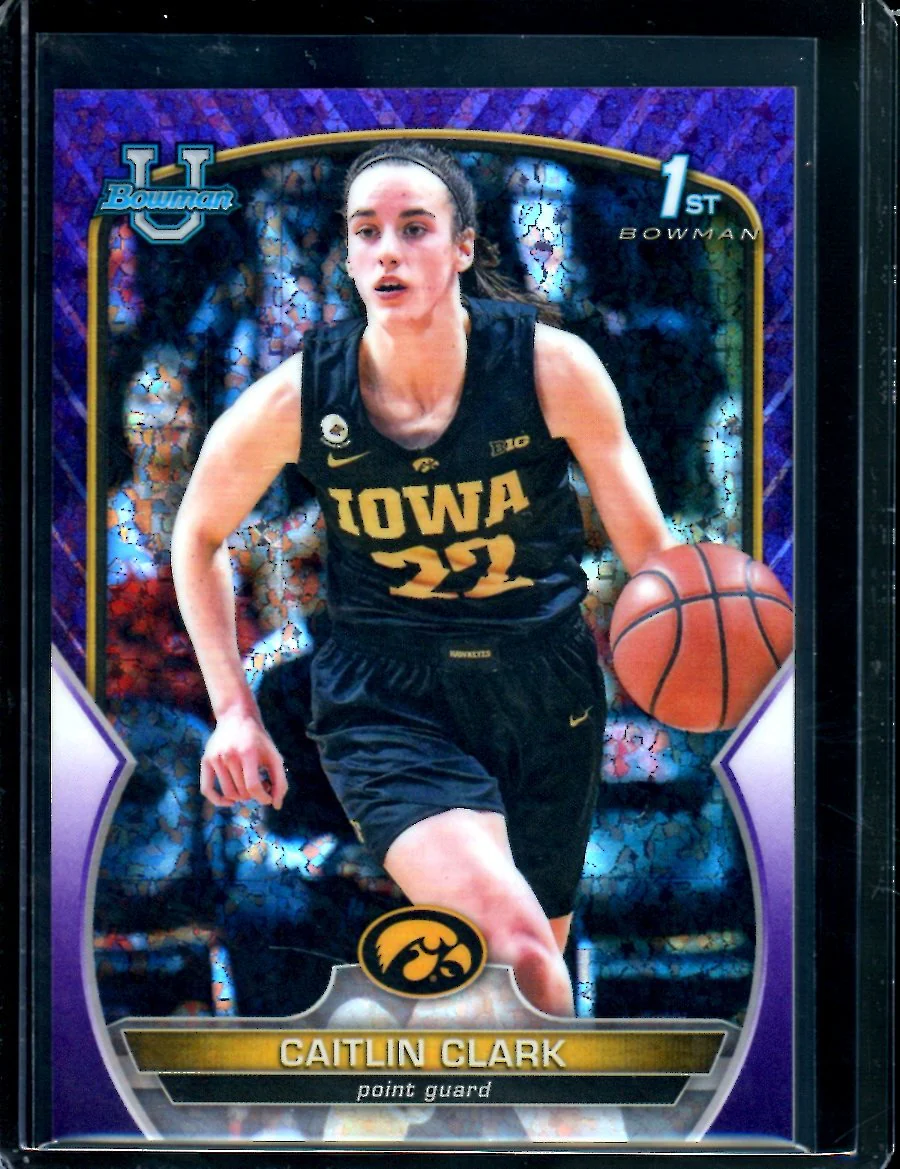 2023 Topps Bowman Chrome University Caitlin Clark 1st Bowman Purple Mini Diamond /399 Iowa