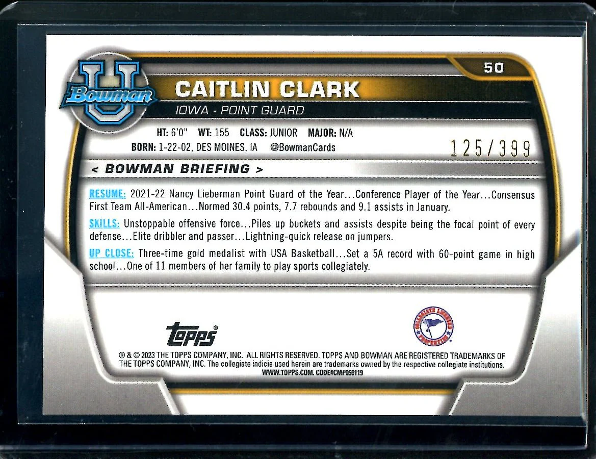 2023 Topps Bowman Chrome University Caitlin Clark 1st Bowman Purple Mini Diamond /399 Iowa - Image 2