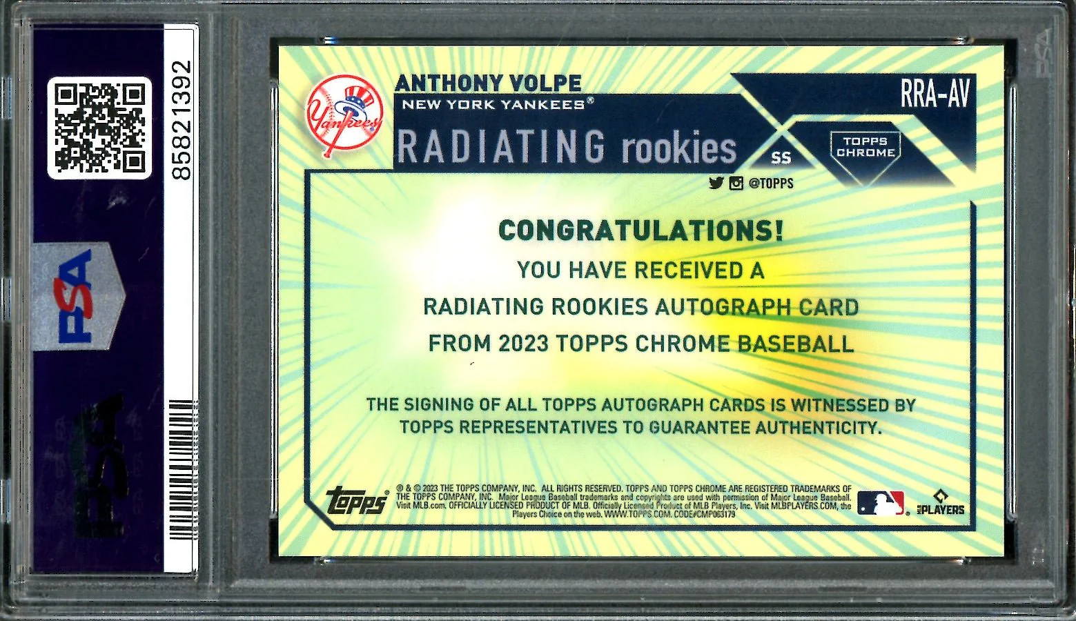 2023 Topps Chrome Anthony Volpe Rookie Radiating Rookies Auto /23 PSA 9 Yankees - Image 2