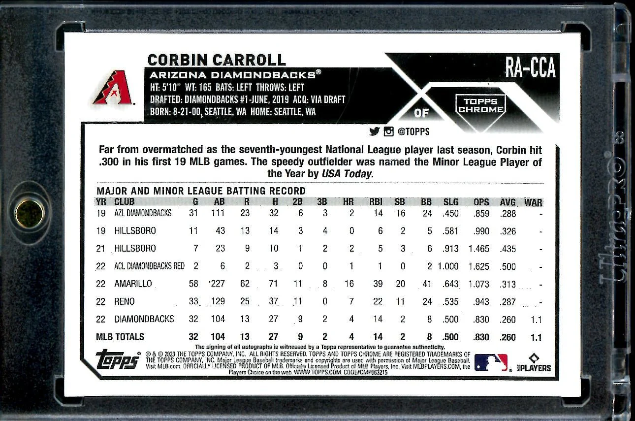 2023 Topps Chrome Corbin Carroll Rookie Auto Blue /150 Diamondbacks - Image 2