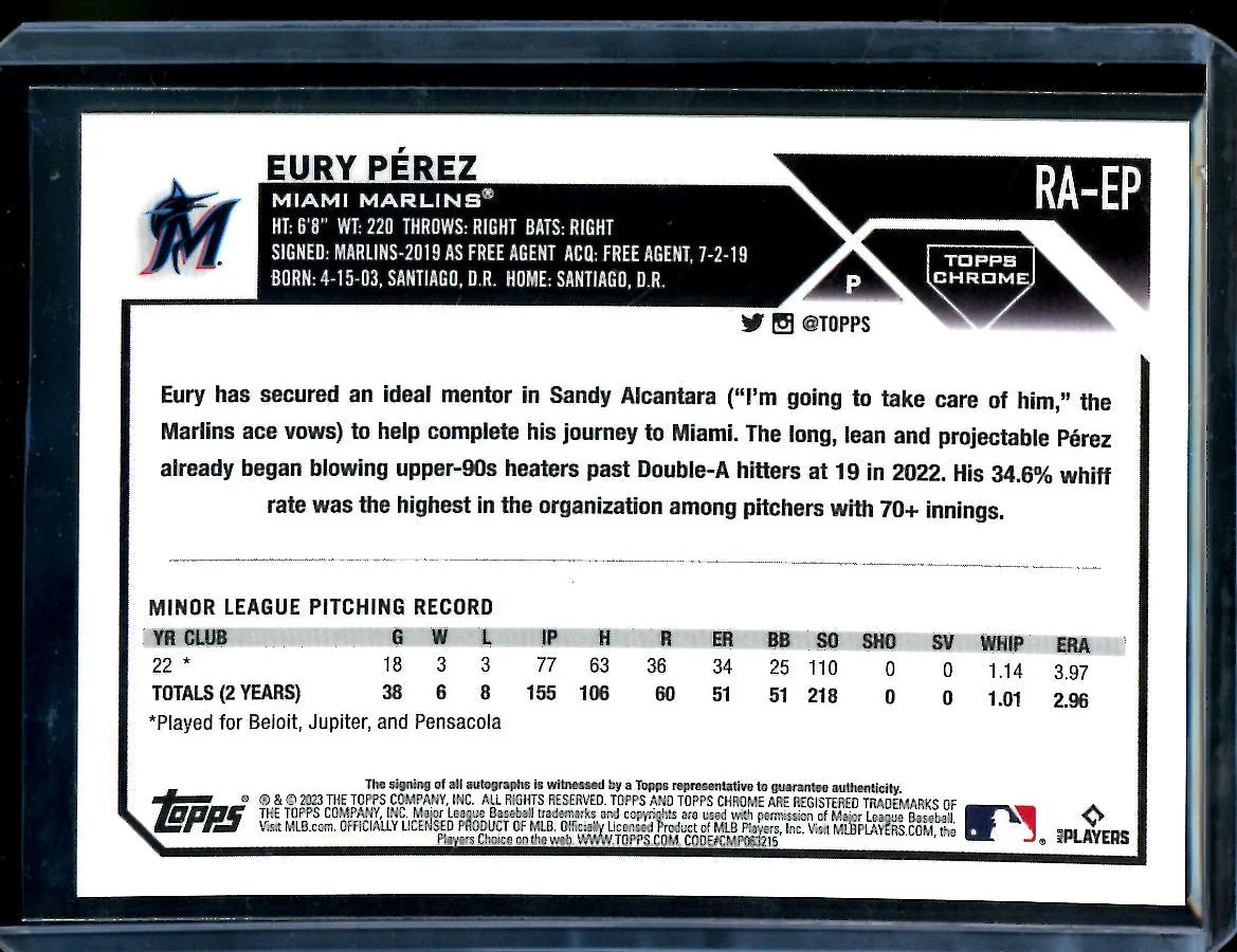 2023 Topps Chrome Eury Perez Rookie Auto Orange /25 Marlins - Image 2