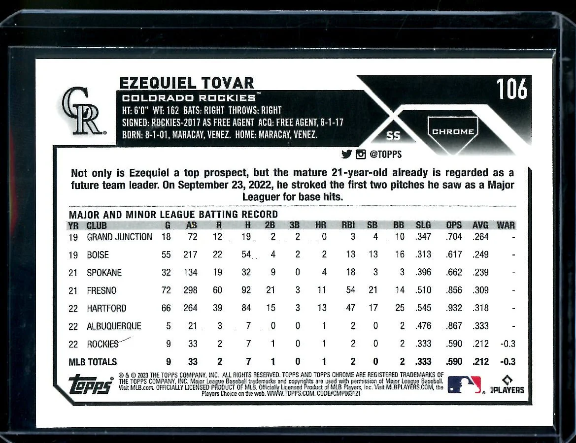 2023 Topps Chrome Ezequiel Tovar Rookie Gold /50 Rockies - Image 2