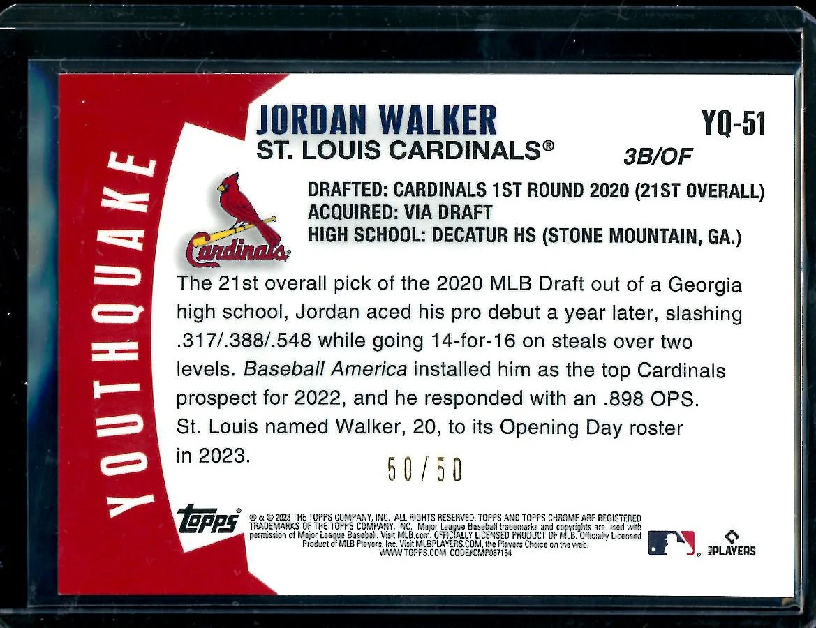 2023 Topps Chrome Jordan Walker Rookie Youthquake Gold /50 Cardinals - Image 2
