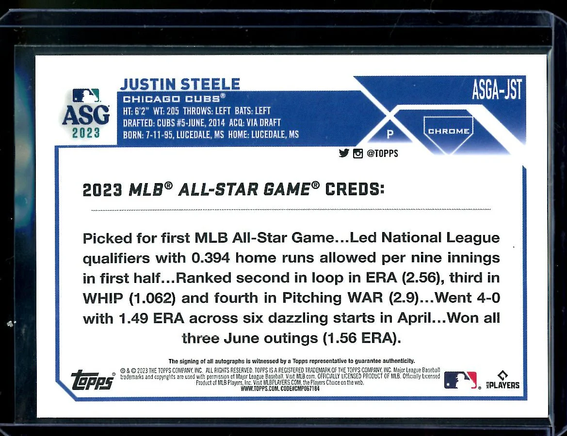 2023 Topps Chrome Justin Steele Rookie ASG Auto Cubs - Image 2