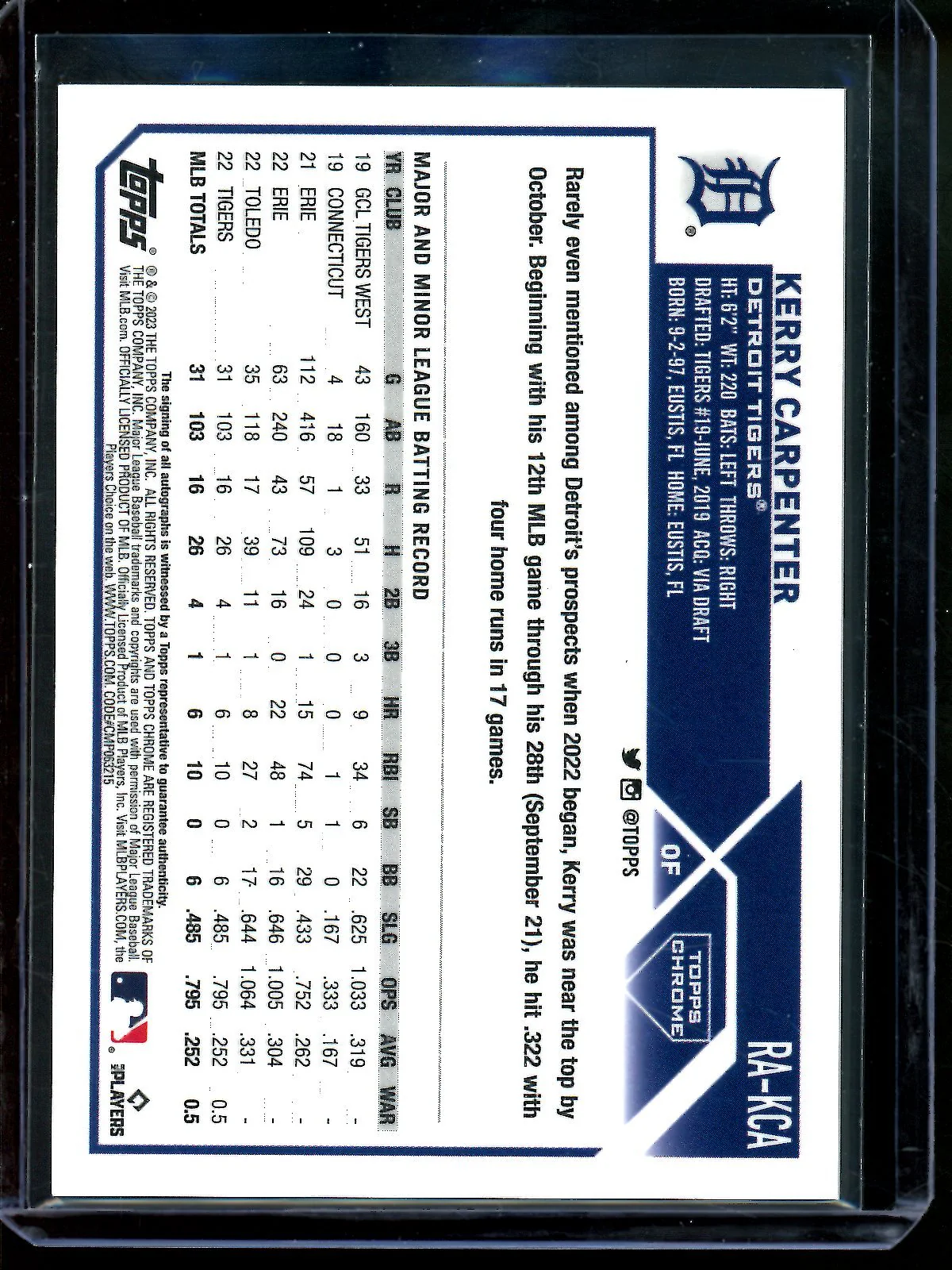 2023 Topps Chrome Kerry Carpenter Gold Shimmer Rookie Autograph /50 Tigers - Image 2