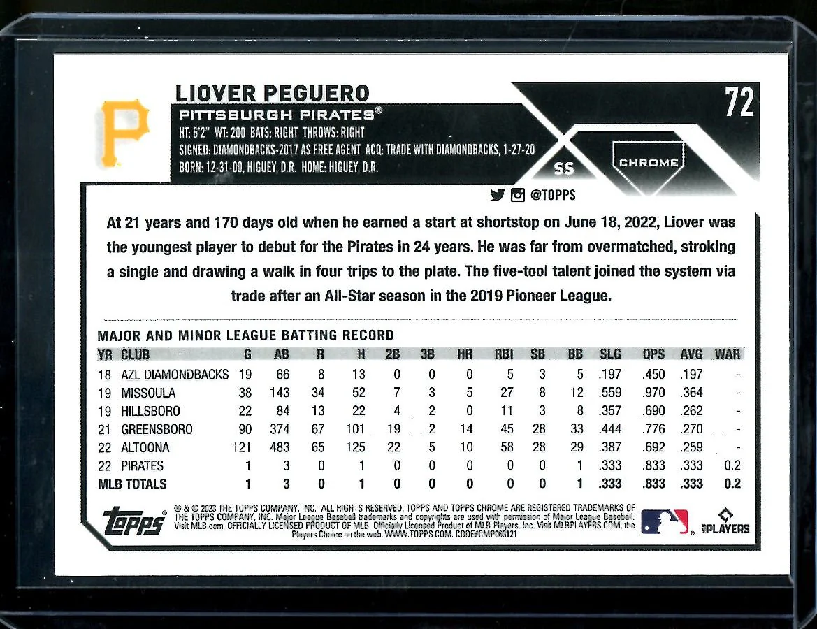 2023 Topps Chrome Liover Peguero Rookie Orange /25 Pirates - Image 2