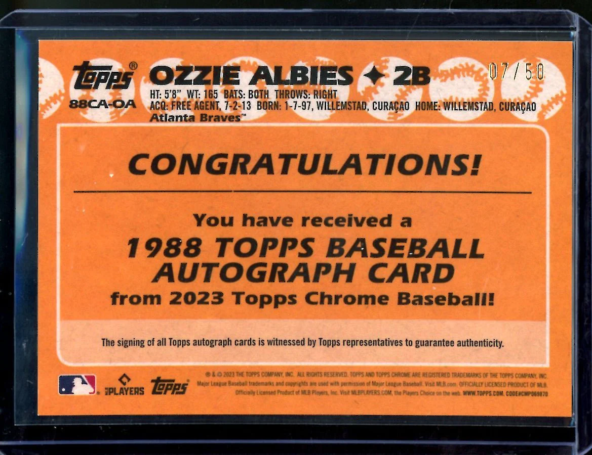 2023 Topps Chrome Ozzie Albies 1988 Topps Auto /50 Braves - Image 2