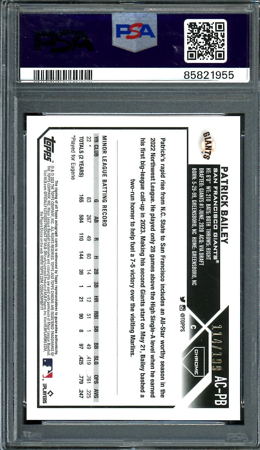 2023 Topps Chrome Patrick Bailey Rookie Auto Aqua Wave /199 PSA 10 Giants - Image 2