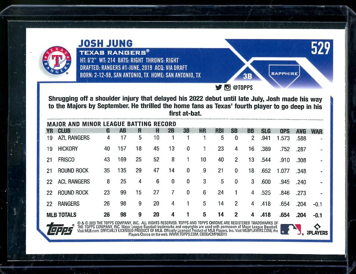 2023 Topps Chrome Sapphire Josh Jung Rookie Rangers - Image 2