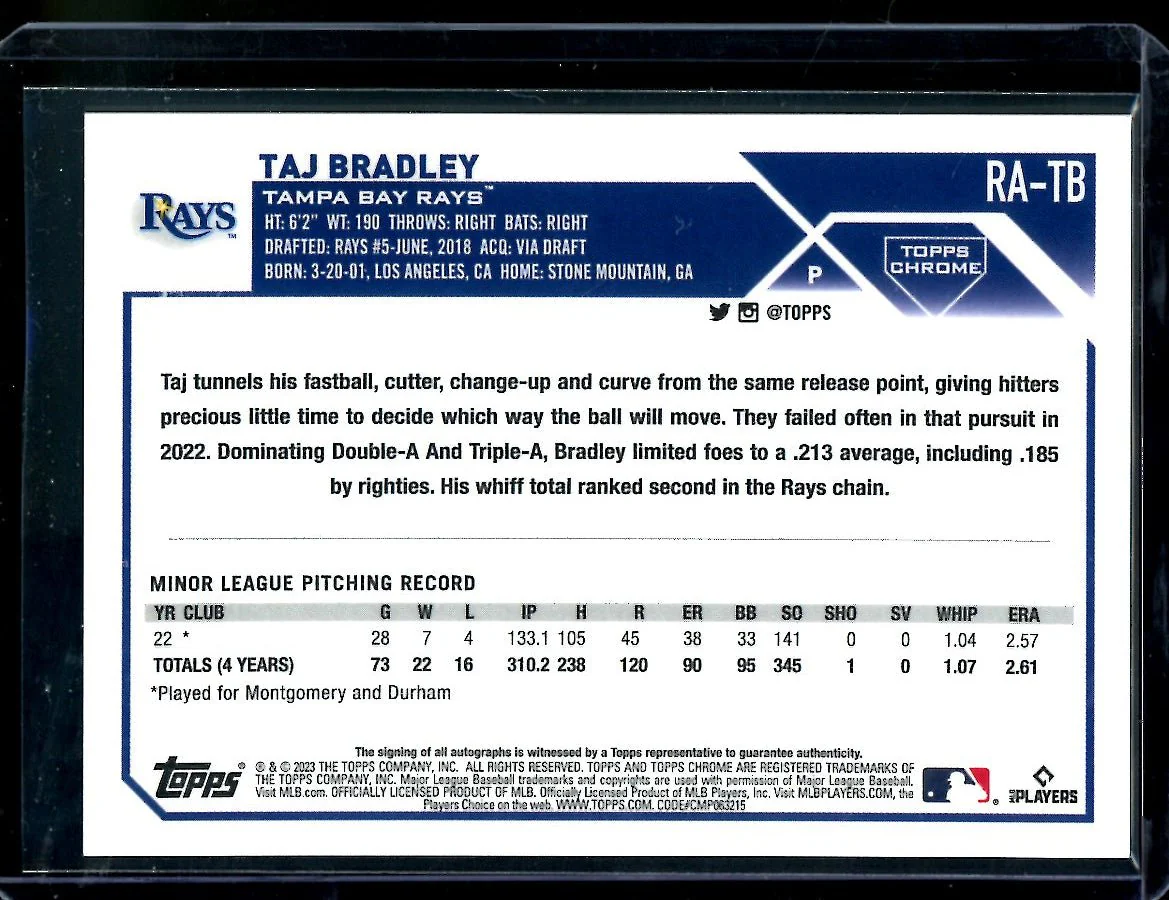 2023 Topps Chrome Taj Bradley Rookie Auto Purple /250 Rays - Image 2
