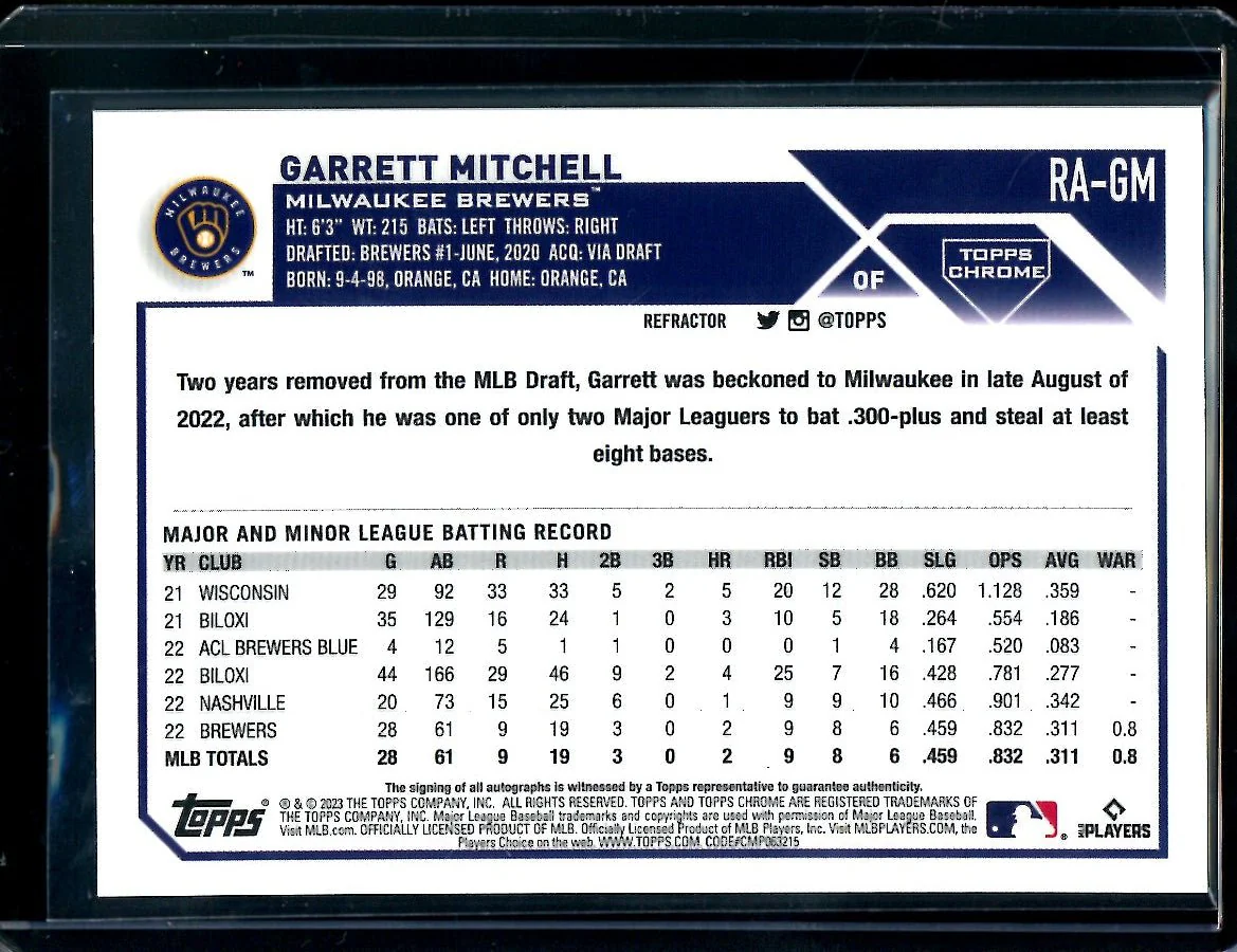 2023 Topps Chrome Update Garrett Mitchell Rookie Refractor Auto /499 Brewers - Image 2