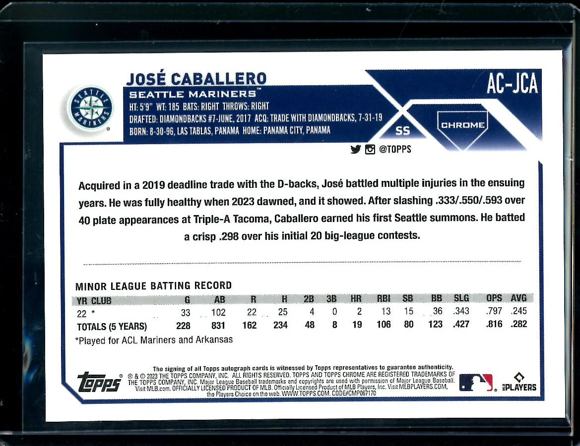 2023 Topps Chrome Update Jose Caballero Rookie Auto Mariners - Image 2